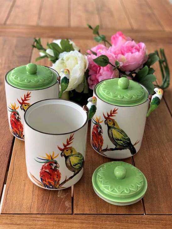 LYHB010 PAPAĞAN 3LÜ PORSELEN KAVANOZ SET